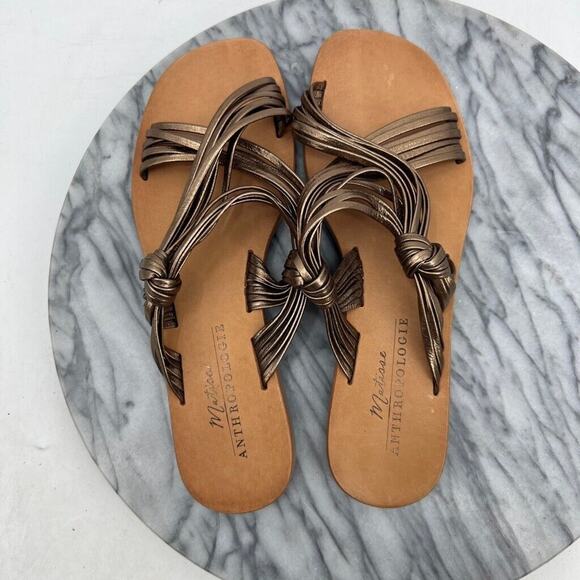 Anthropologie Womens 9 Sandals Bronze Leather Mystic Metallic Strappy Flat - Picture 6 of 11